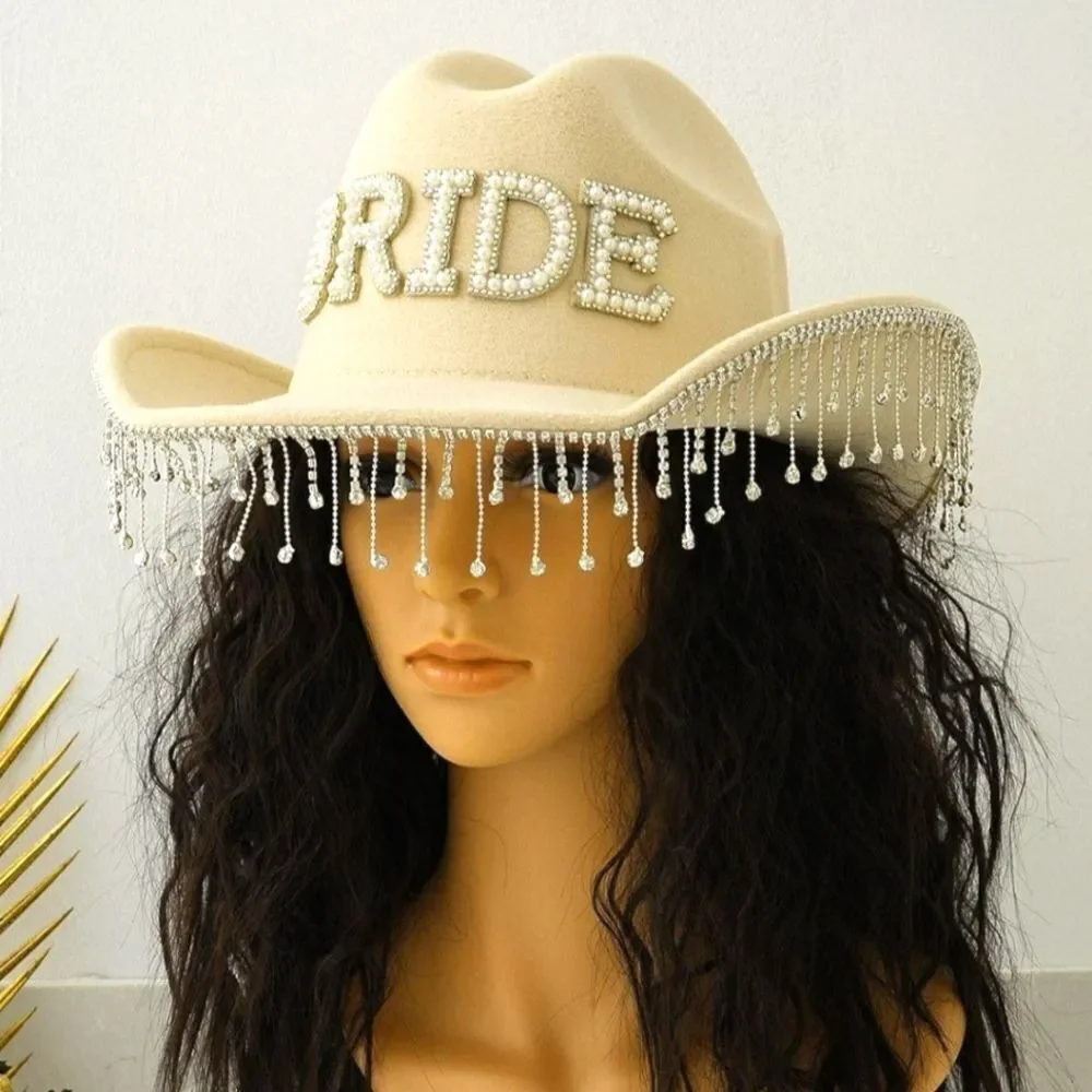 Beige Bridal Cowboy Hat with Pearl Fringe
